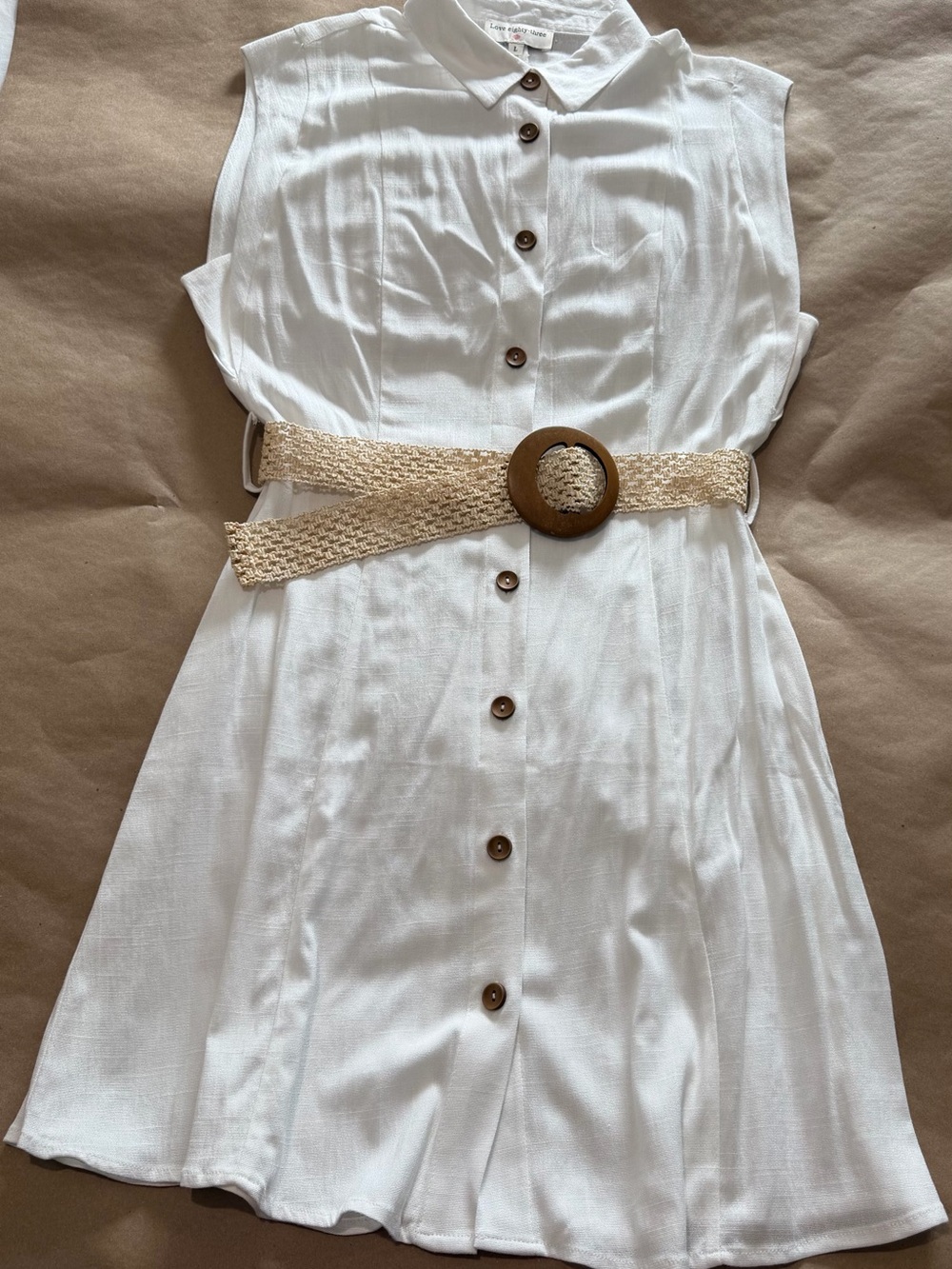 Sleeveless White Button-Front Mini Dress with Woven Belt